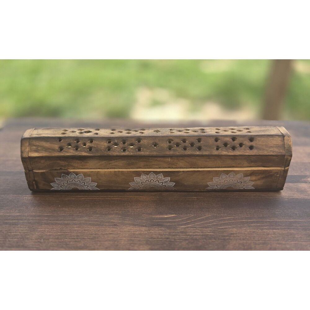 Wooden Incense Burner Box Holder Stick & Cone Storage Mandala Design 12"